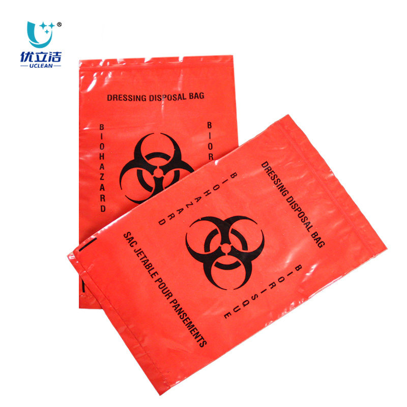 Red biohazard specimen kangaroo bag with zipper closure